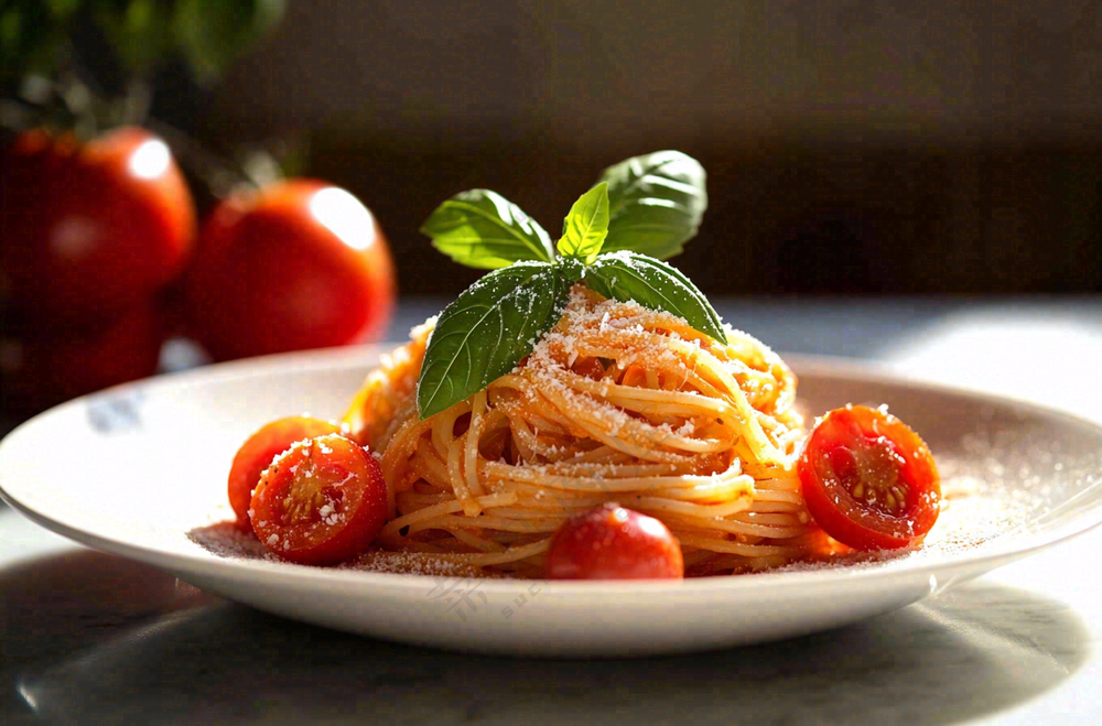 美味的意大利面番茄奶油意面罗勒叶美食摄影图
