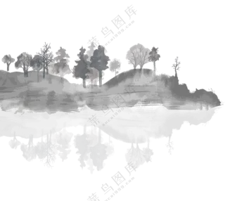湖光山色树木风景水墨绘画免抠图片