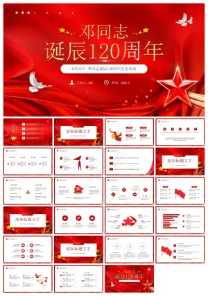 红色党政风纪念邓同志诞辰120周年PPT模板预览图