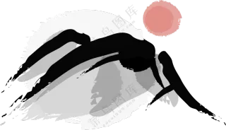 一轮红日下的高山水墨绘画PNG图片