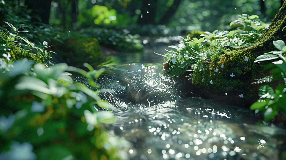 山涧溪流夏日清凉解暑苔藓植物小花立夏夏至摄影图