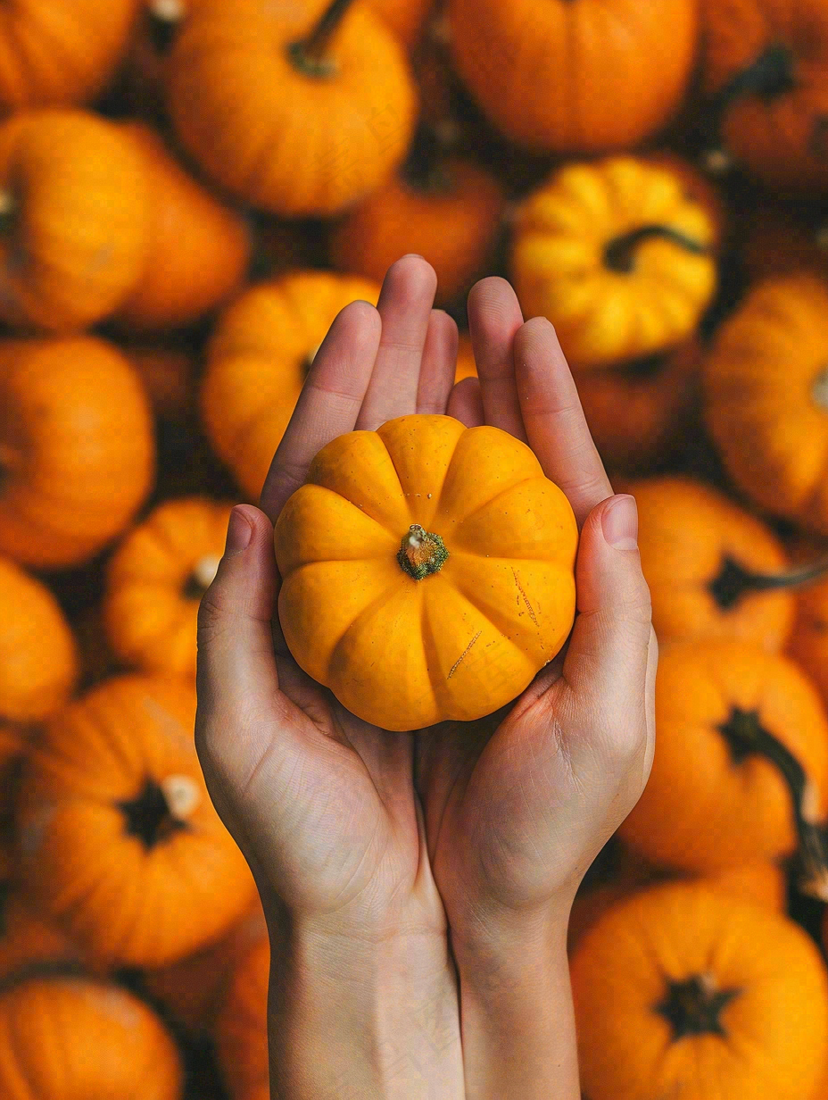 秋天秋收南瓜手捧南瓜实物摄影图