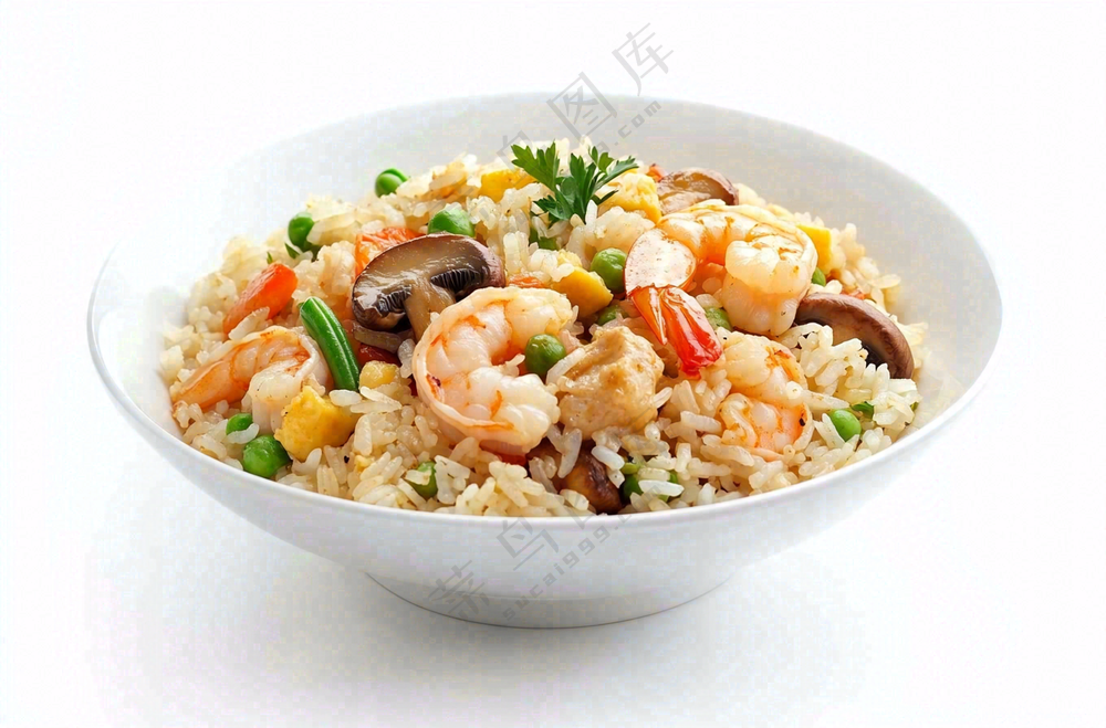 虾仁时蔬炒饭蘑菇美食摄影图