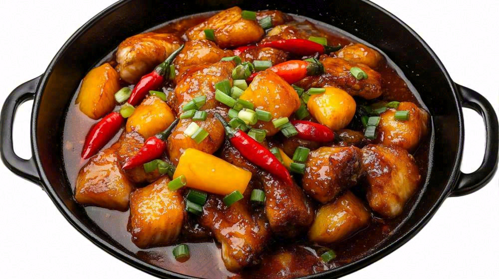 土豆炒鸡肉香辣美食摄影图免抠