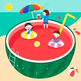 卡通儿童夏季暑假吃西瓜游泳圈玩耍矢量插画
