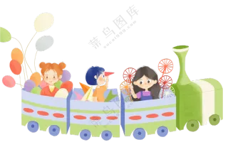 乘坐小火车的儿童人物插画