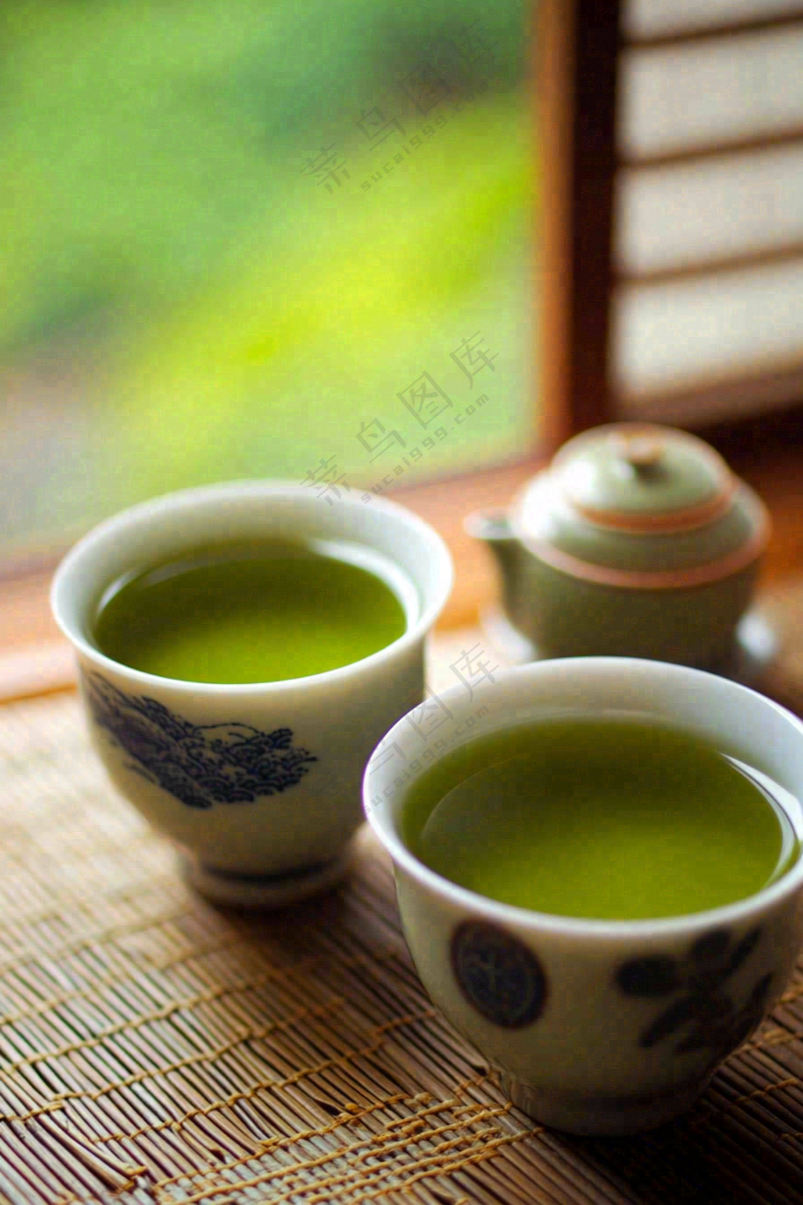 绿茶青花瓷瓷器品茶摄影图