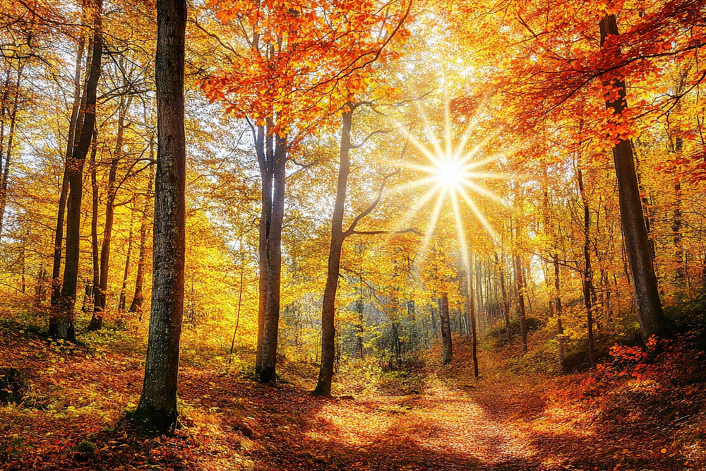 秋天金黄森林里的阳光温暖风景摄影图