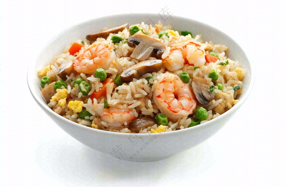 虾仁时蔬炒饭蘑菇美食摄影图