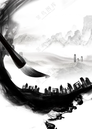 黑白水墨风建筑物创意PNG图片素材