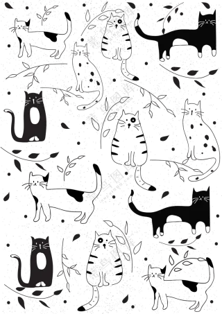 枝叶与可爱手绘猫咪等免抠图片素材