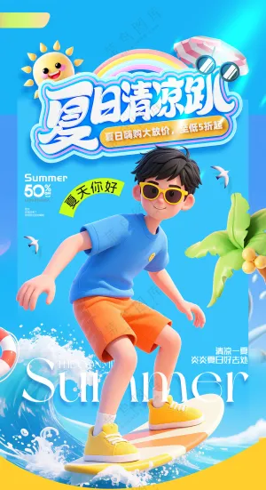 简约3D夏日清凉趴营销活动海报