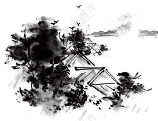 飞鸟房子与远山等风景绘画免抠图片