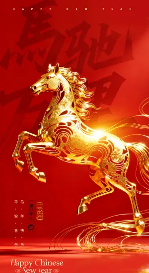 马年喜庆金色风格骏马新春海报