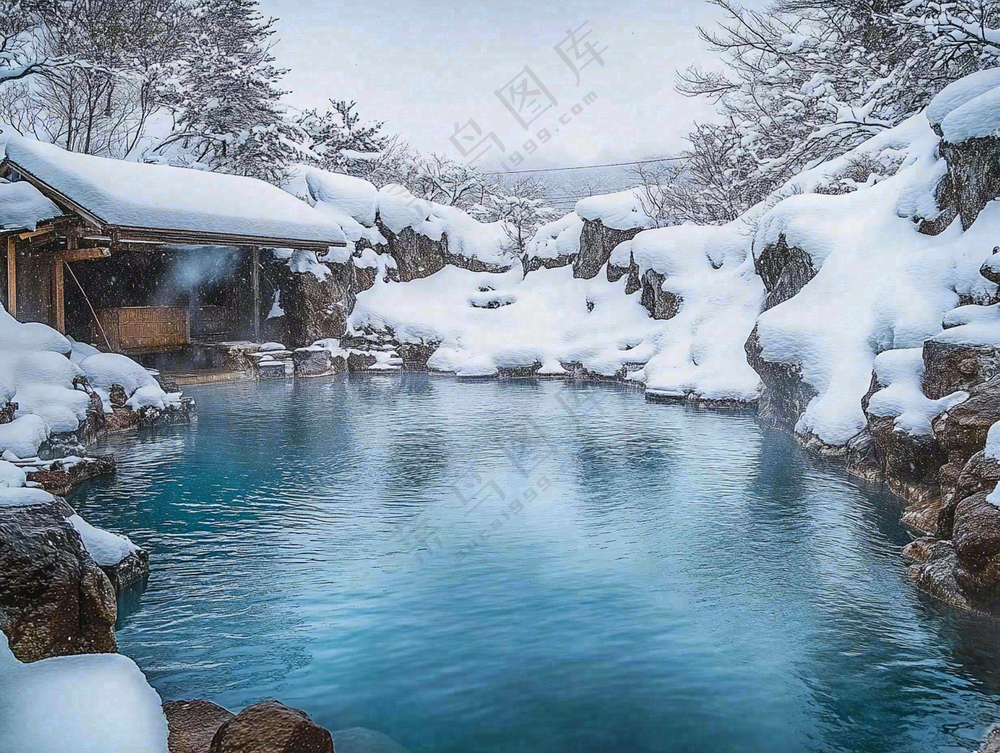 户外天然温泉汤浴秋冬摄影图