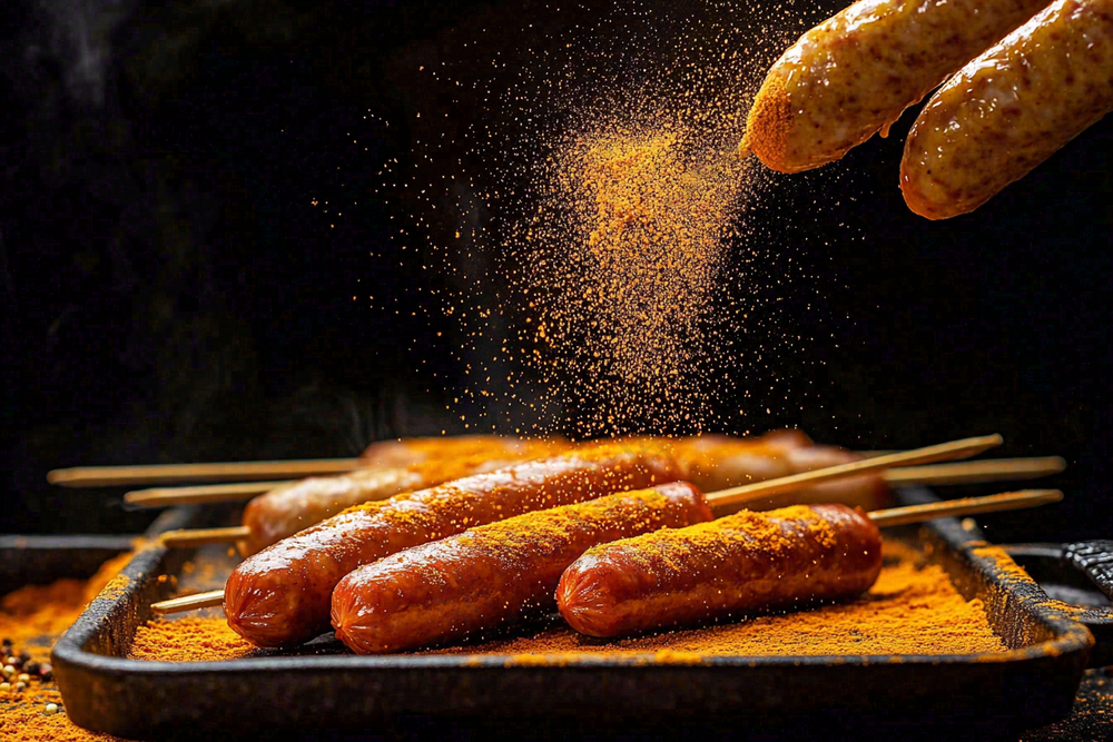 烤火腿肠煎辣椒面香辣美食小吃摄影图