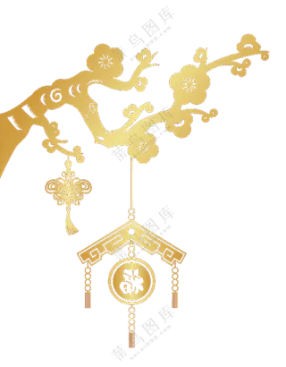 梅花树枝与中国风挂饰图案PNG素材