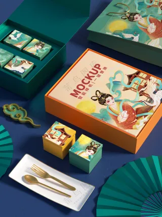 中式传统中秋节月饼礼盒包装psd样机004