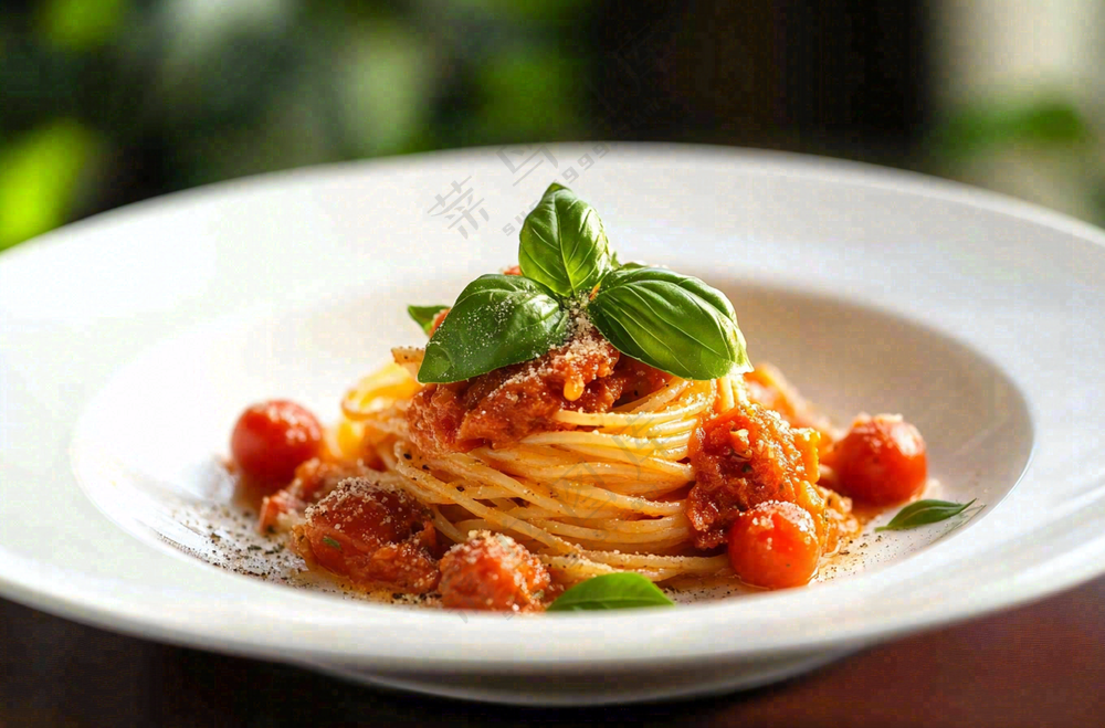 美味的意大利面番茄奶油意面罗勒叶美食摄影图