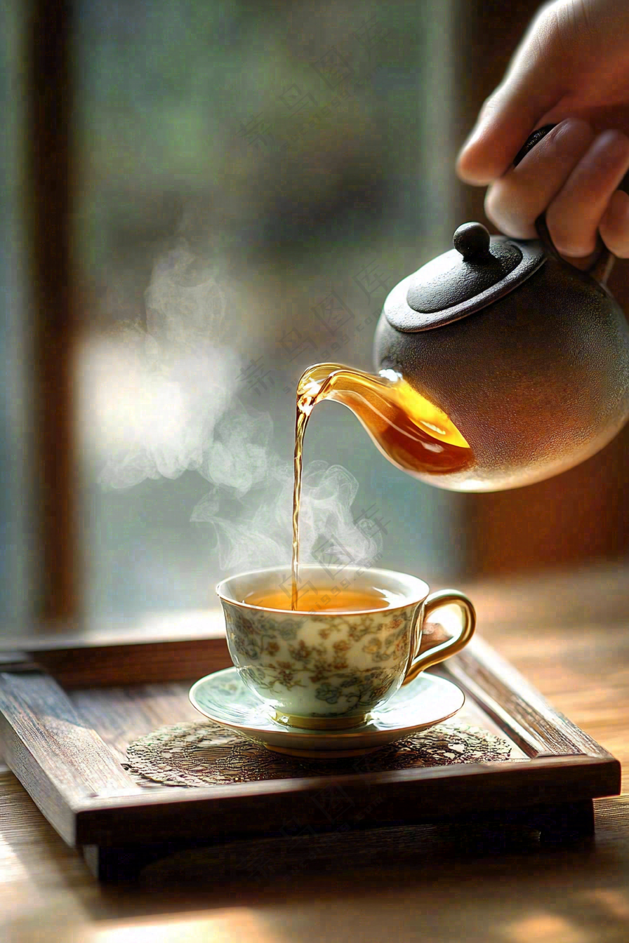 茶叶倒茶茶壶茶杯红茶摄影图