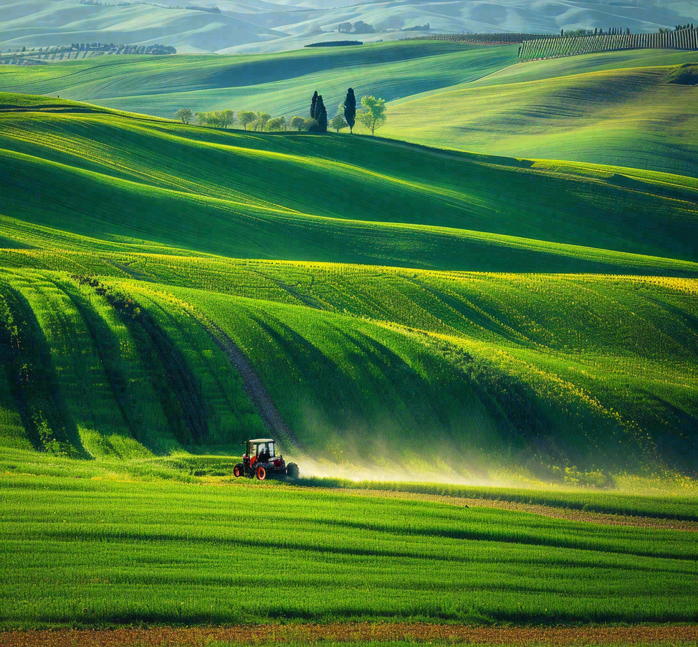农田庄稼里耕种的机器农忙劳动节摄影图