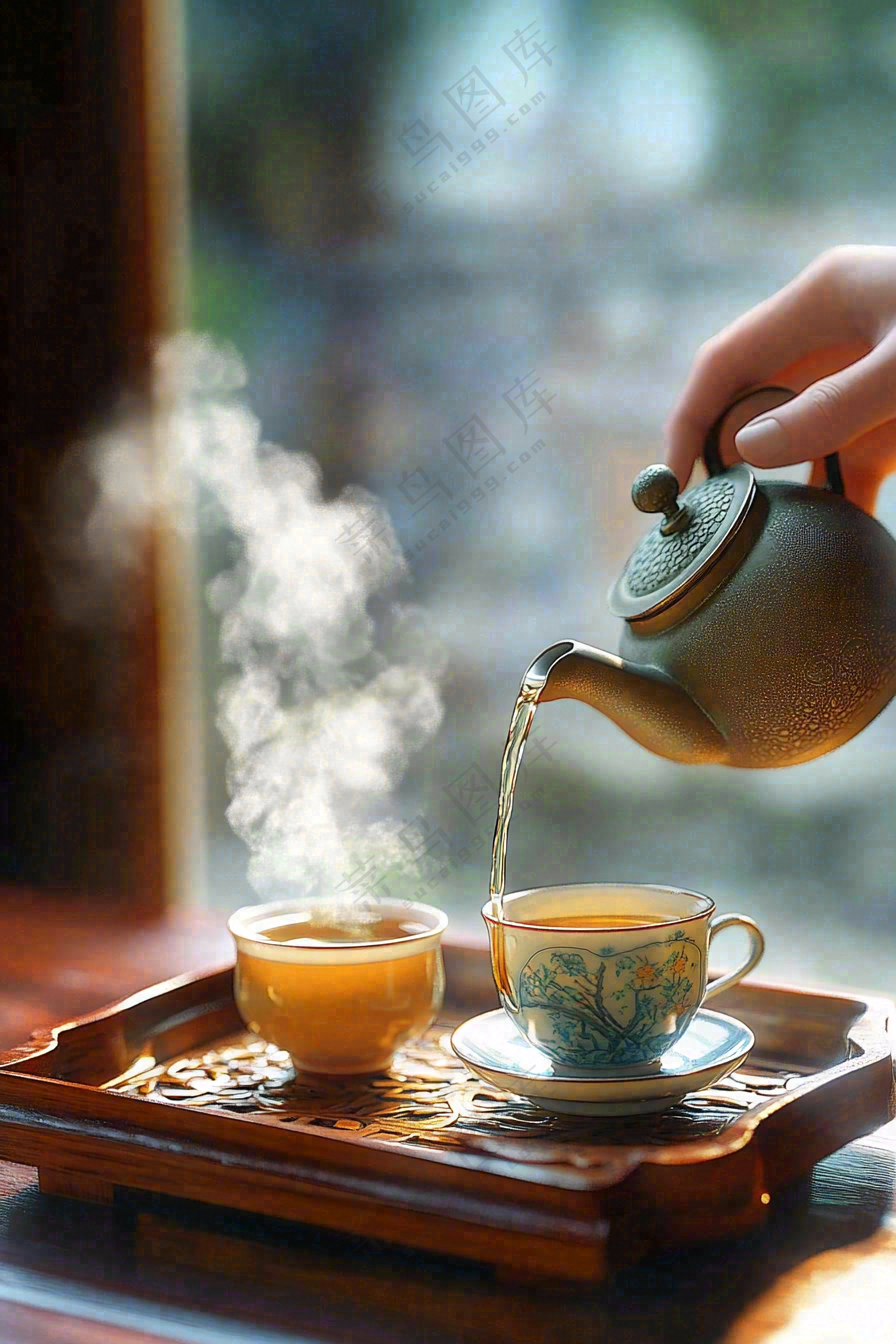 茶叶倒茶茶壶茶杯红茶摄影图