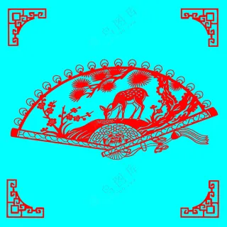 红色象形松鹿梅扇形剪纸