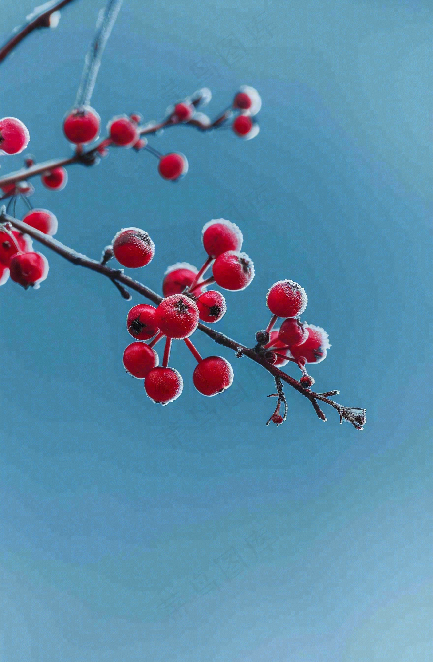 冬天白霜覆盖的红色覆盆子寒冷霜降摄影图