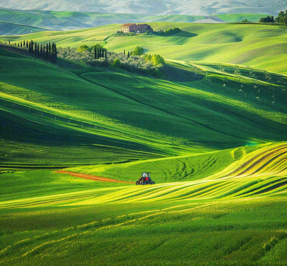 农田庄稼里耕种的机器农忙劳动节摄影图