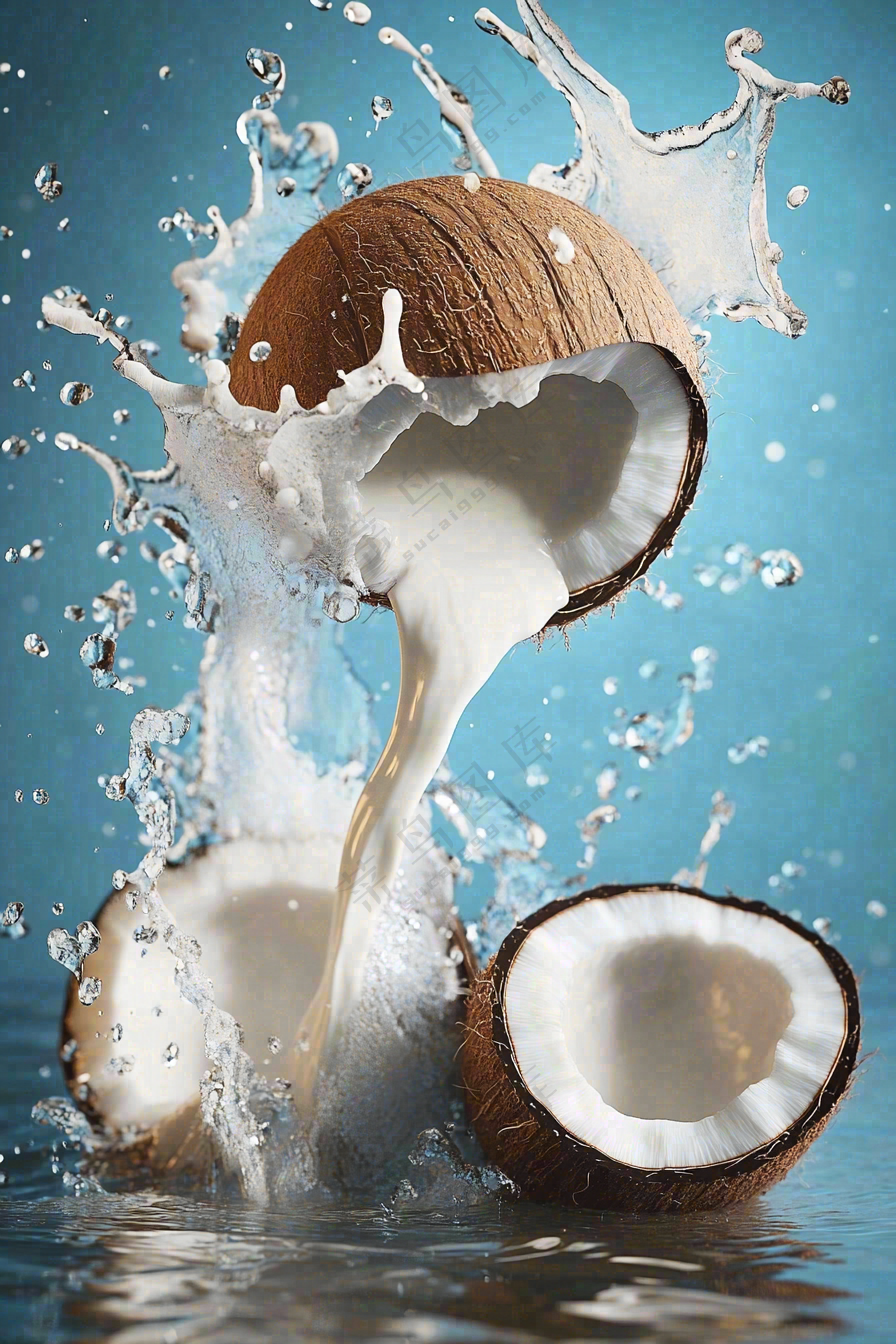 椰子汁飞溅新鲜果汁摄影图