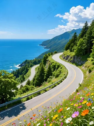 自然风光高速公路山路蓝天白云