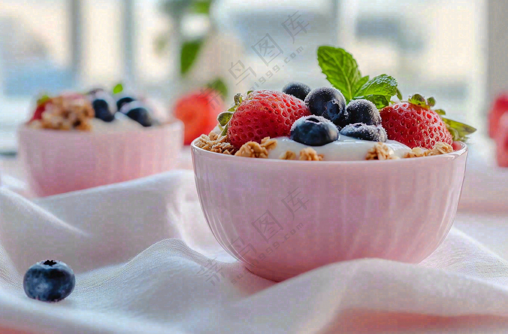 水果燕麦酸奶草莓蓝莓食物饮品摄影图