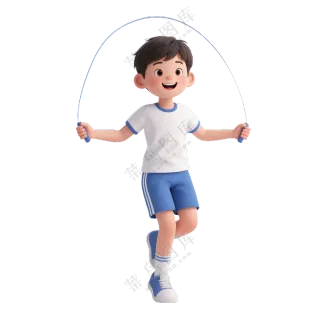 蓝+白色纯净3D风格跳绳的男孩免抠PNG素材