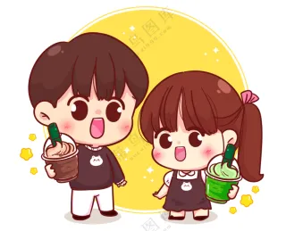 喝奶茶的男孩女孩