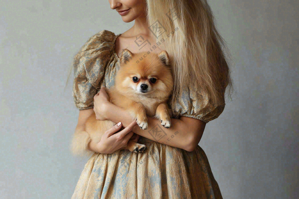 博美小狗美女抱着小狗萌宠宠物摄影图