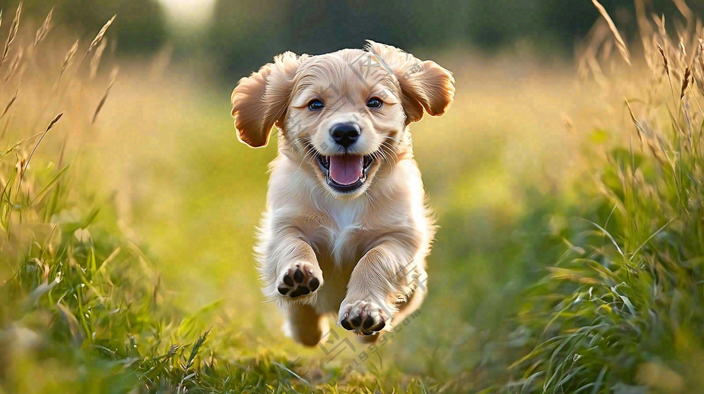 草丛里飞奔的金毛小狗宠物动物摄影图