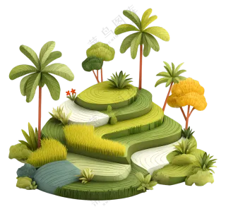 稻田 - 树木和山丘风景