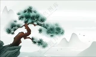 极简松树悬崖国风插画矢量背景适用于文化活动宣传