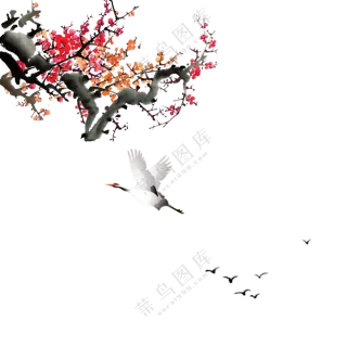 腊梅花枝与仙鹤飞鸟等免抠图片素材