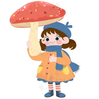 卡通风秋季拿着蘑菇戴着帽子围巾的小女孩儿童教育插画