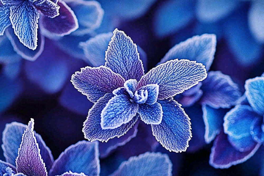 植物叶片上的白霜霜降摄影图