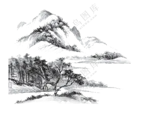 黑白手绘素描山间风景绘画免抠图片