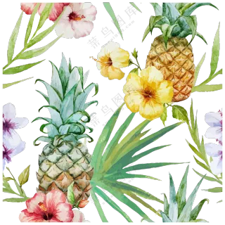 菠萝与花朵绿叶等无缝图案朦胧素材
