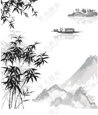 水墨风竹子与山水绘画PNG图片素材