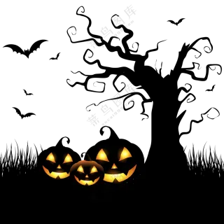 南瓜灯与大树蝙蝠剪影创意免抠图片