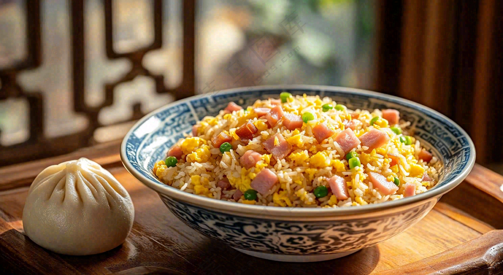 火腿肉丁炒饭鸡蛋美食主食摄影图