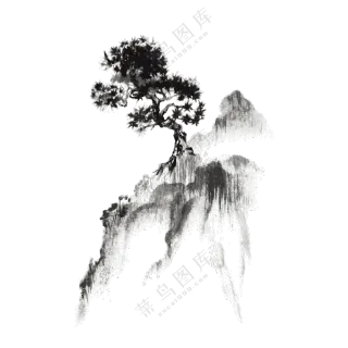 高山之巅大树水墨渲染绘画PNG素材