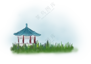 手绘风草丛与凉亭元素免抠图片素材