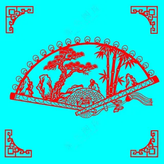 红色传统松竹扇形剪纸