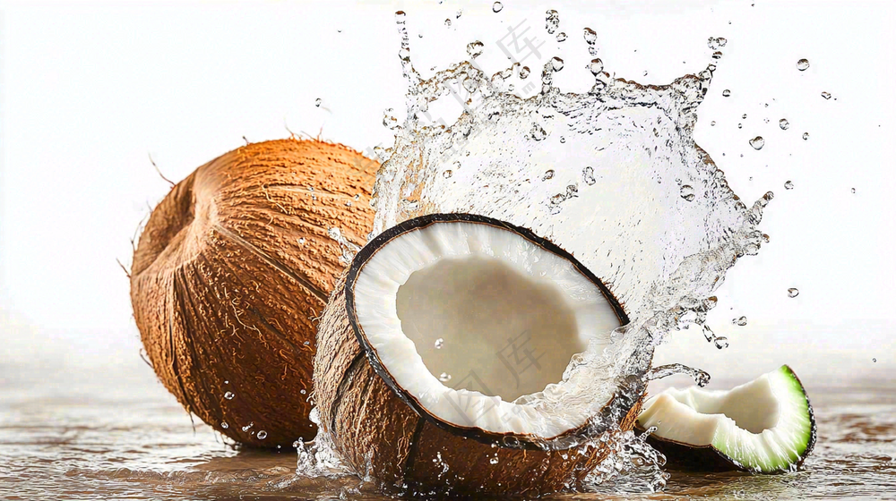 椰子汁飞溅新鲜果汁摄影图